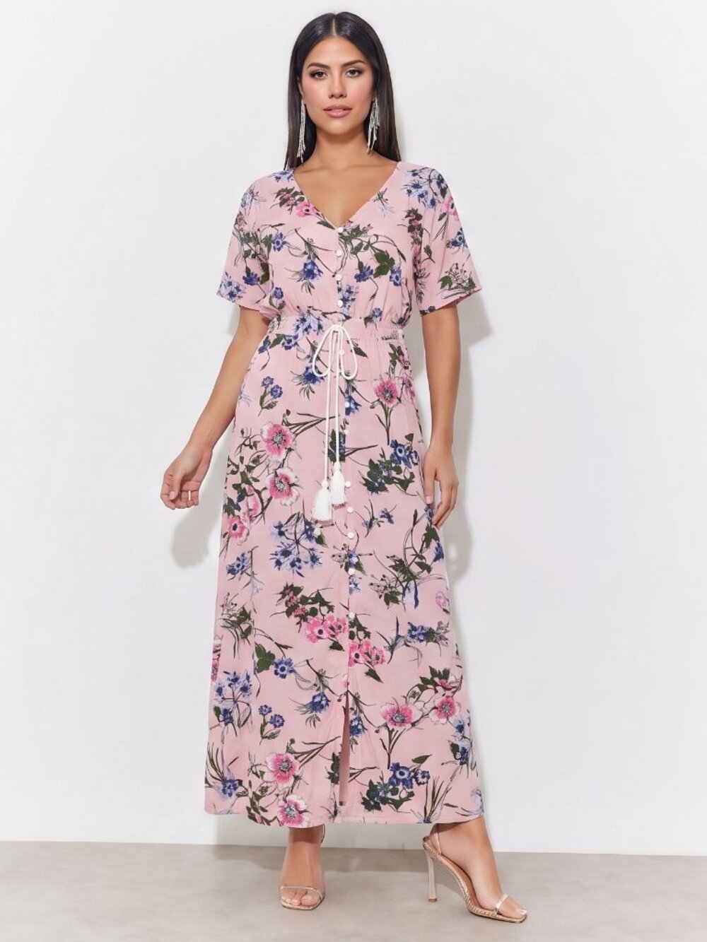 Pink Floral Maxi Dress V-Neck Flowy Plus Size Dress-XXL